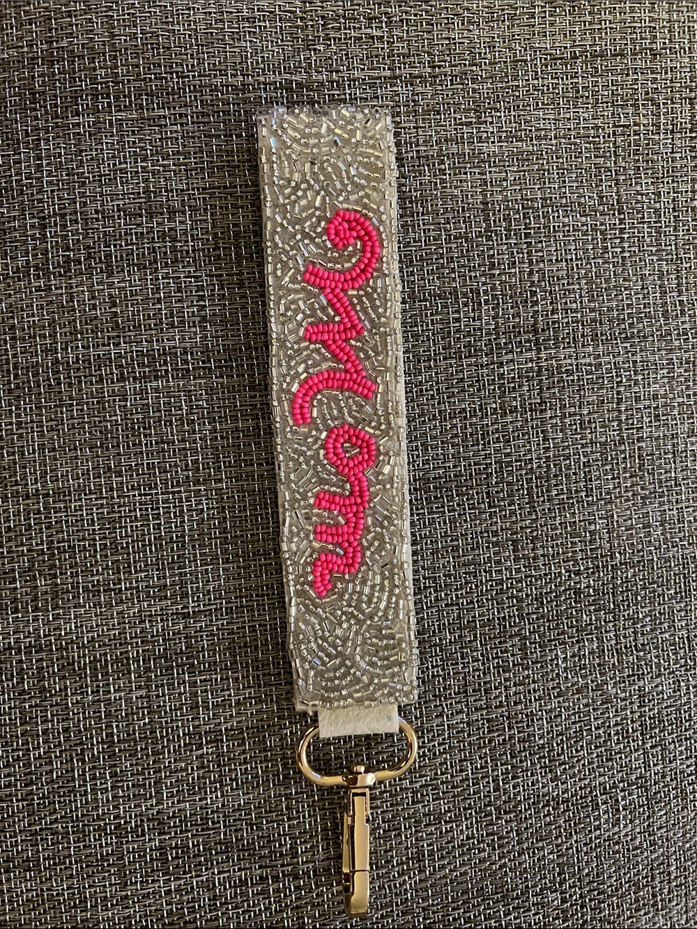 Beaded Wristlet Key Fob - Pink Script on Silver Beading